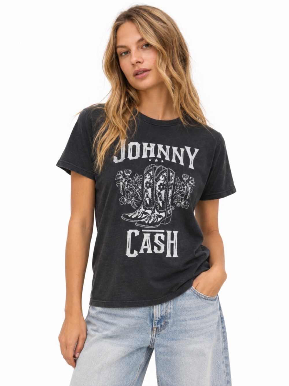 NWT Daydreamer Free People Johnny Cash Graphic Band Short Sleeve T Shirt, Black